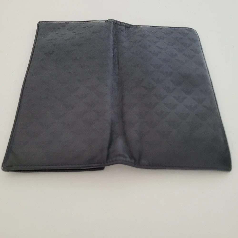 Emporio Armani Black Leather Long Bifold Wallet Embossed Eagle Logo Italy